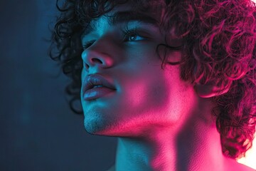 Close up view from the side. Young man with curly hair is indoors illuminated by neon lighting.  with generattive ai