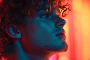 Fototapeta premium Close up view from the side. Young man with curly hair is indoors illuminated by neon lighting. with generattive ai