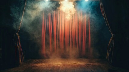 Naklejka premium Vintage theater stage with red velvet curtains and atmospheric lighting