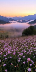 Obraz premium A beautiful field of flowers with a mountain in the background. The sky is a mix of orange and pink hues, creating a serene and peaceful atmosphere