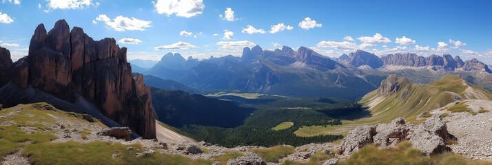 A mountain range with a clear blue sky and a few clouds. The mountains are covered in trees and the grass is green