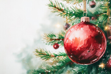 Obraz premium A festive red bauble hangs from a beautifully decorated Christmas tree, its glossy surface reflecting soft light. The evergreen branches, adorned with subtle ornaments and gentle snowfall, add a touch