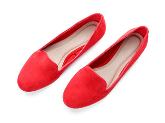 Stylish red ballet flats on white background