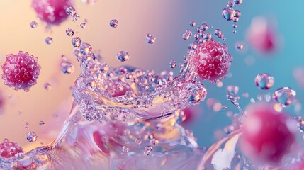 Fototapeta premium Close-up of pink berries splashing into clear water with vibrant bubbles