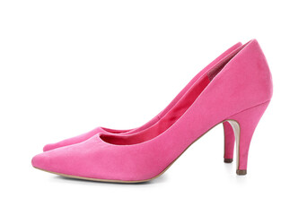 Stylish pink high heels on white background