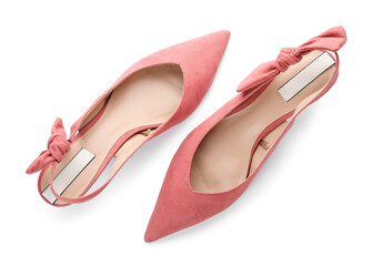 Stylish pink shoes on white background