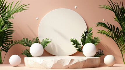 Fototapeta premium Elegant design display featuring a minimalist backdrop with lush greenery and spherical elements at a contemporary art space. Generative AI