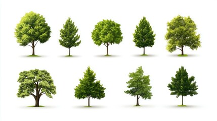 Fototapeta premium Set of ten realistic trees with green leaves isolated on white background.