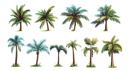 Set of twelve realistic palm trees with green leaves isolated on white background.