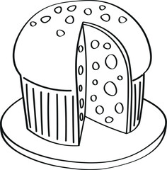 Panettone, Italian Christmas cake black and white vector illustration. Coloring page for kids