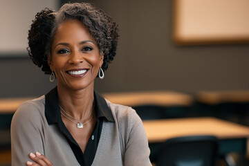 black teacher smiling in an out of focus classroom with desks behind her