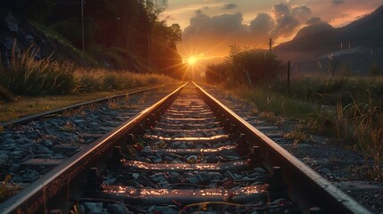 Naklejka premium Sunset casting a warm glow over a scenic railway track, creating a twilight adventure atmosphere