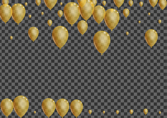 Golden Confetti Background Transparent Vector. Balloon Flying Illustration. Yellow Jubilee Balloon. Helium Gift Template.