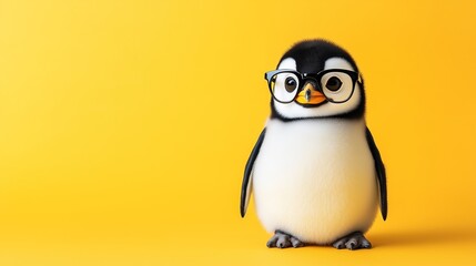 Obraz premium Cute little smille penguin with glasses in front of studio background. Copy Space. Banner