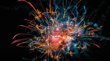 Vibrant explosion of fireworks with colorful sparks against a dark sky background