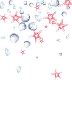 Blue Snail Background White Vector. Oyster Whimsical Pattern. Collection Texture. Red Seashell Creature Design.