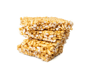 Puffed rice bar isolated, sweet wheat kozinaki, puff cereal block pieces, sugar crispy wheat bar, healthy popped dessert