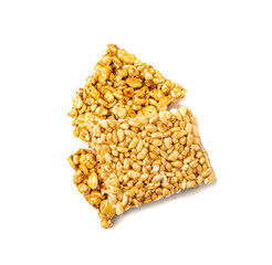 Puffed rice bar isolated, sweet wheat kozinaki, puff cereal block pieces, sugar crispy wheat bar, healthy popped dessert