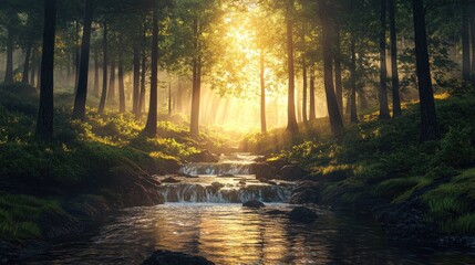 Obraz premium Sunbeams illuminate a stream flowing through a misty green forest.