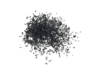 Wakame seaweed pieces isolated, edible raw algae, dry undaria pinnatifida healthy food kelp