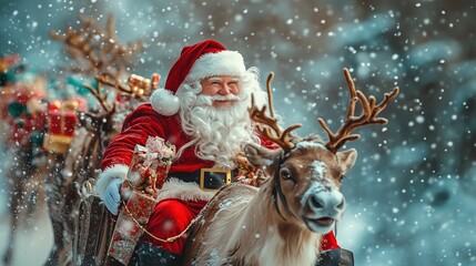 Santa Claus flying on reindeer with smile on face and gifts for children