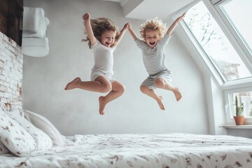 two children jumping on the bed