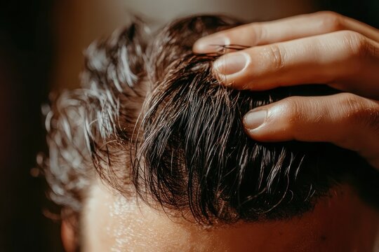 Close-up of an unrecognizable man combing his toupee with his hand. Styling and hair care concept with generative ai