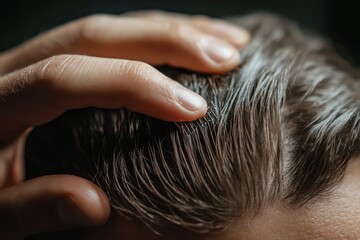 Obraz premium Close-up of an unrecognizable man combing his toupee with his hand. Styling and hair care concept with generative ai