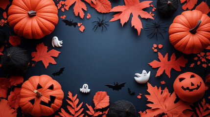 Halloween pumpkins, ghosts, and bats on a dark background.