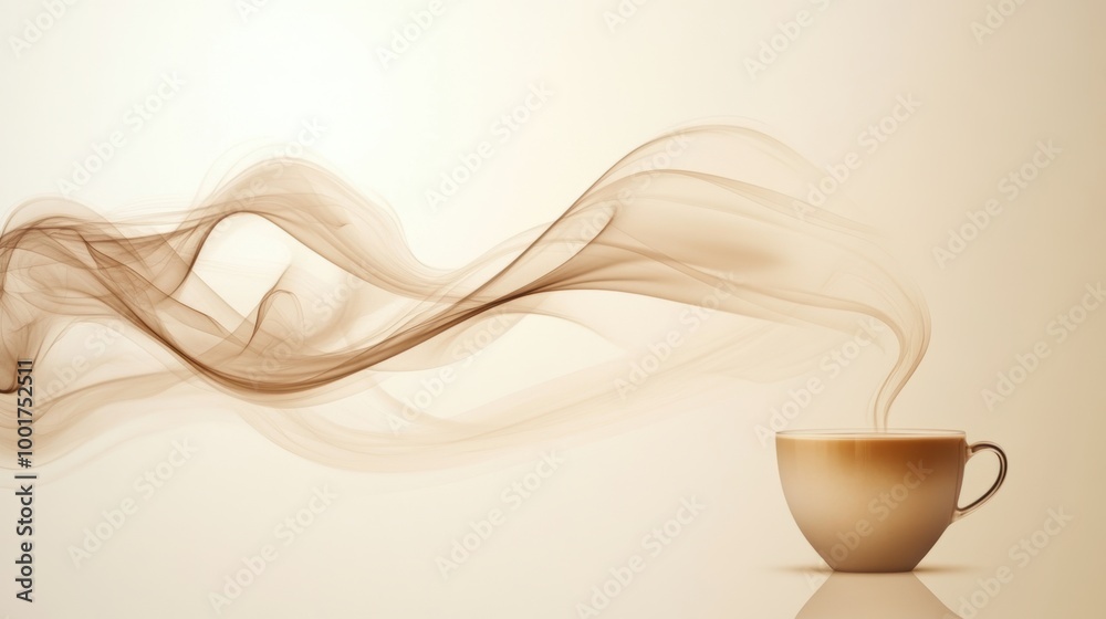 Poster swirling steam dances gracefully from an invisible coffee cup in a serene and minimalist setting. ge