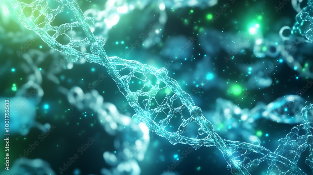 Poster a 3d illustration of a glowing dna strand with particles in the background.