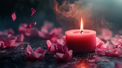Pink candle with falling rose petals in a dreamy atmosphere