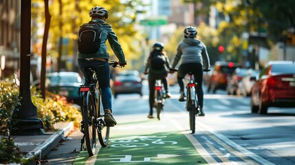 Urban scene showcasing bike lanes and eco-friendly infrastructure, promoting sustainable travel and healthy living