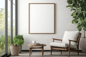 Contemporary Interior Design with Empty Poster, Armchair, and Coffee Table in Bright Living Room