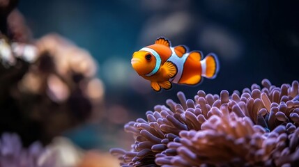 A small clownfish with bright orange and white stripes peeks out from the tentacles of a purple sea anemone, creating a calm atmosphere in the ocean