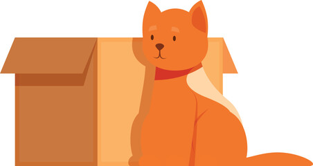 Cartoon illustration of a domestic shorthair cat sitting next to an empty box