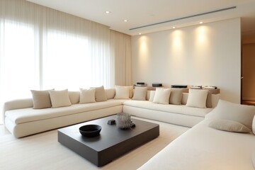 Fototapeta premium Modern Living Room Interior with Beige Seating and Empty Wall for Copy Space