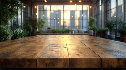 Wooden top with blurred empty office room background can be used for mocking up or display product