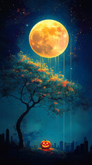 A glowing jack-o'-lantern sits in a graveyard under a bright full moon.