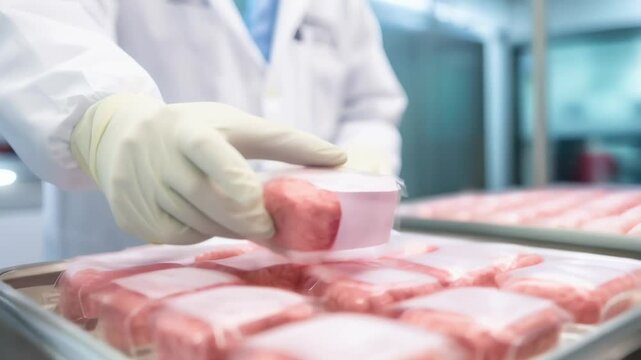 Scientist carefully takes a meat sample in a food factory, ensuring quality and safety standards. Conducting thorough analysis in the lab guarantees nutritional value and hygiene