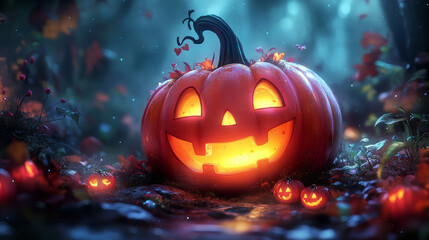 Fototapeta premium A glowing jack-o'-lantern sits in the forest.