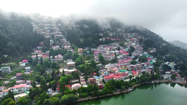 Aerial view of nainital lake in nainital city. Beautiful landscape of himalayan hill station nainital, uttarakhand in India
