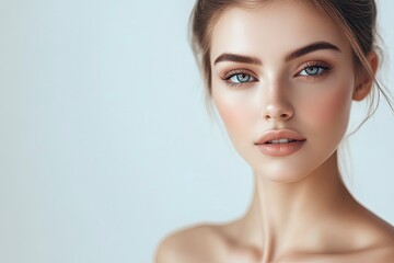 Close-up beautiful woman with makeup and bare shoulders with beautiful and soft skin and light background _ Make up and body care for fashion -with generative ai