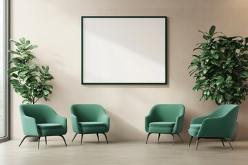 Contemporary Office Design with Green Armchairs and Empty Frame on Beige Wall