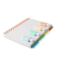 Open notebook and ice cream shaped markers on white background