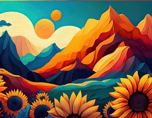 Landscape with mountains and river in abstract style