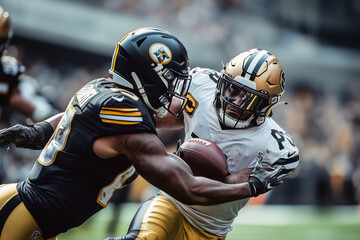 Two NFL players clash in an intense gridiron battle under a dynamic sky, showcasing skill, athleticism, and determination on the field