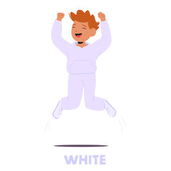 Happy Child Dressed Entirely In White Is Captured Mid-jump With Arms Raised In Excitement, Representing The Color White