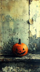 A carved pumpkin sits on a weathered wooden shelf against a peeling wall.