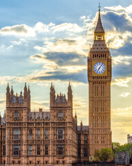 Big Ben tower at sunset, London, UK